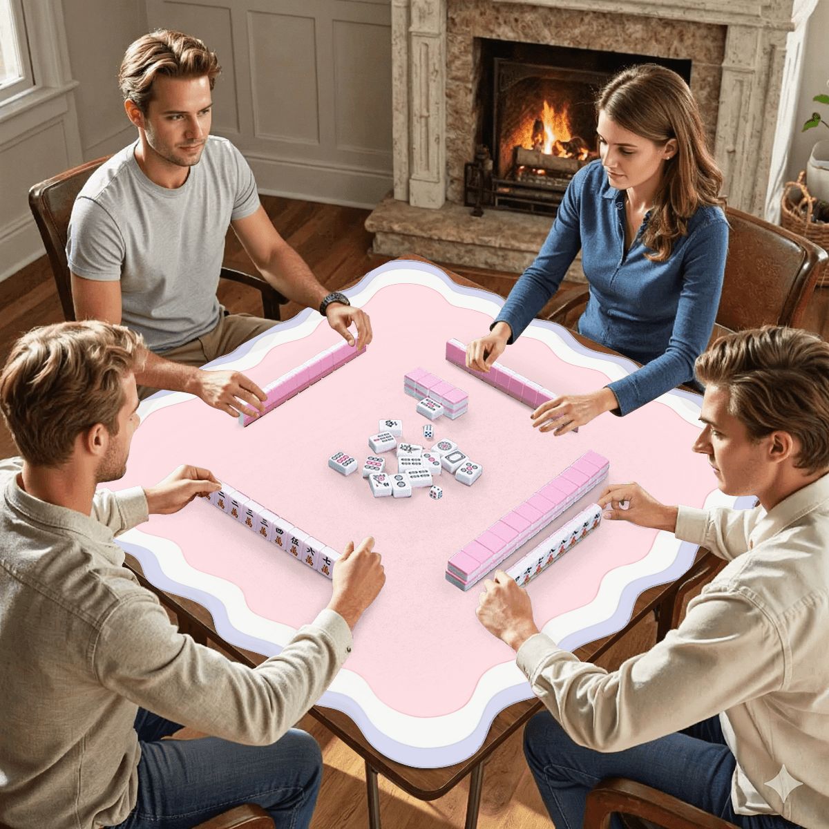 Scalloped Mahjong Mat 31.5"x31.5" (Ship Rolled up) - Pink and Blue YOLO Mahjong
