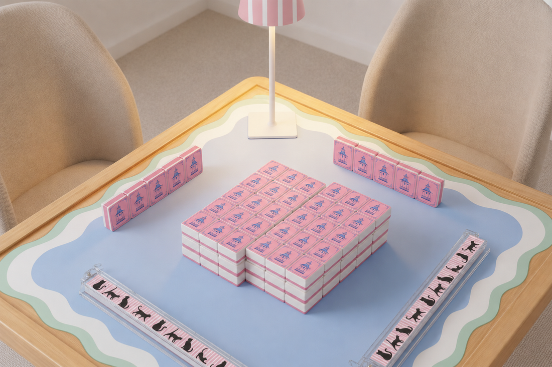 ink & Blue Chinese Pagoda Chinoiserie Mahjong Tile Set styled for an aesthetic game night – YOLO Mahjong