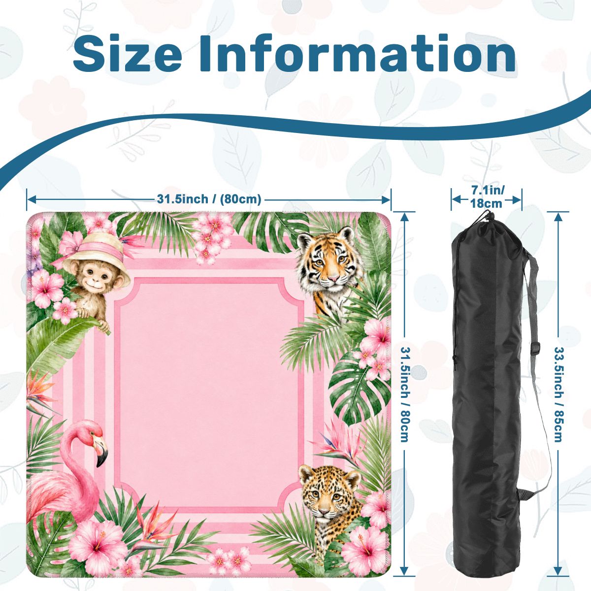 Mahjong Mat 31.5"x31.5" (Ship Rolled up) - Pink Tropical Mahjong Mat with Monkey, Tiger, Flamingo and Leopard Design YOLO Mahjong