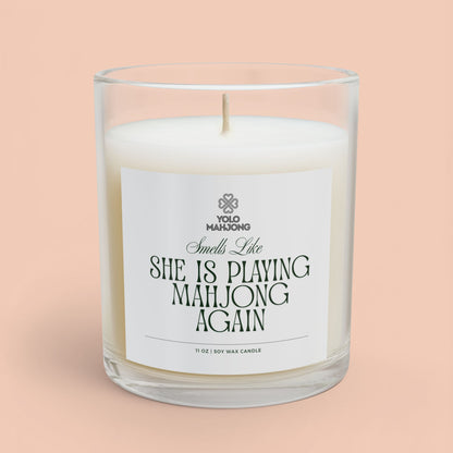 "She Is Playing Mahjong Again" Scented Candle for Mahjong Lovers - 11oz Glass Candle Printify