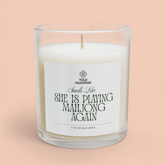 "She Is Playing Mahjong Again" Scented Candle for Mahjong Lovers - 11oz Glass Candle Printify