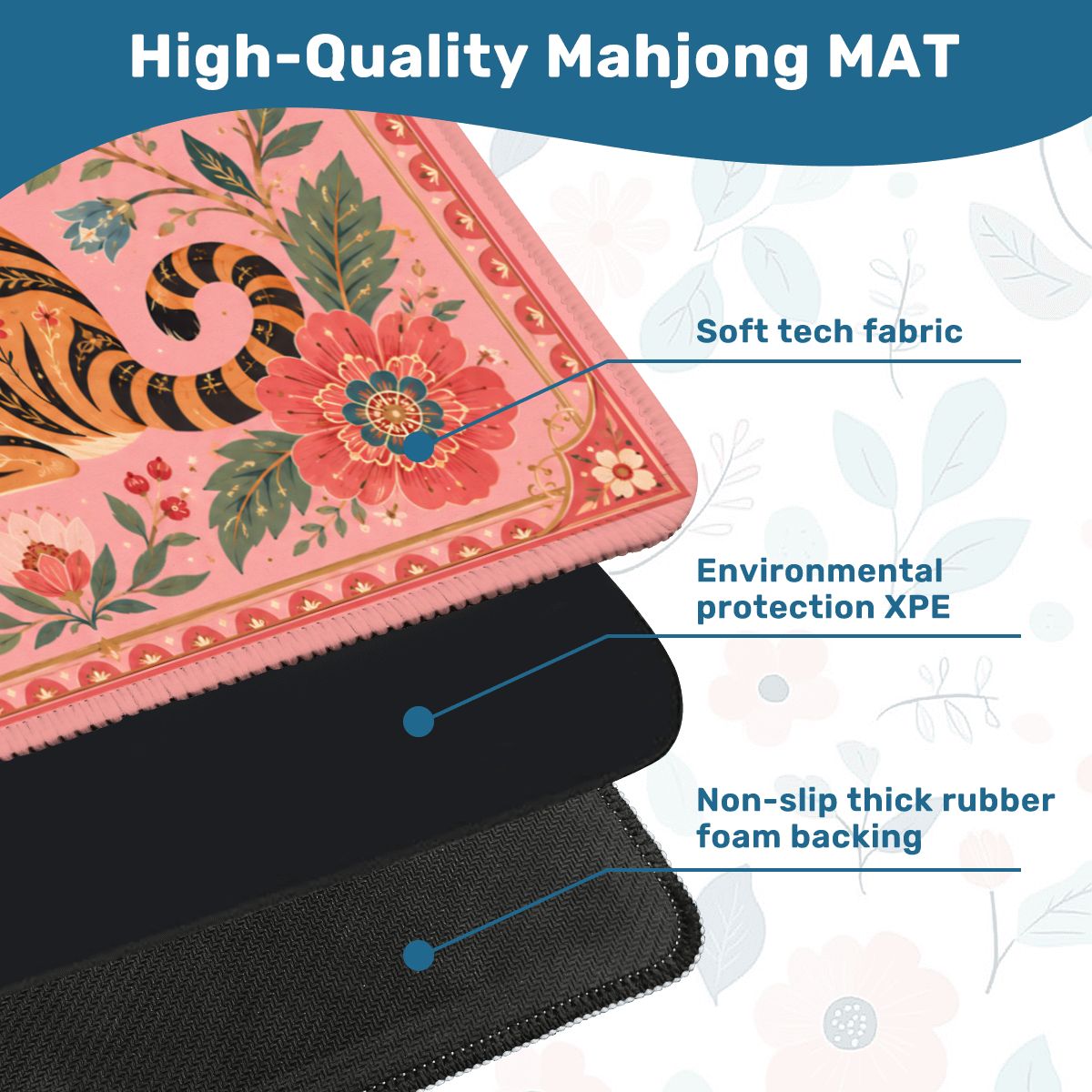 Pink Tiger Mahjong Mat – Floral Chinese Mahjong Table Mat for Mahjong Set, 31.5 x 31.5 Inch YOLO Mahjong