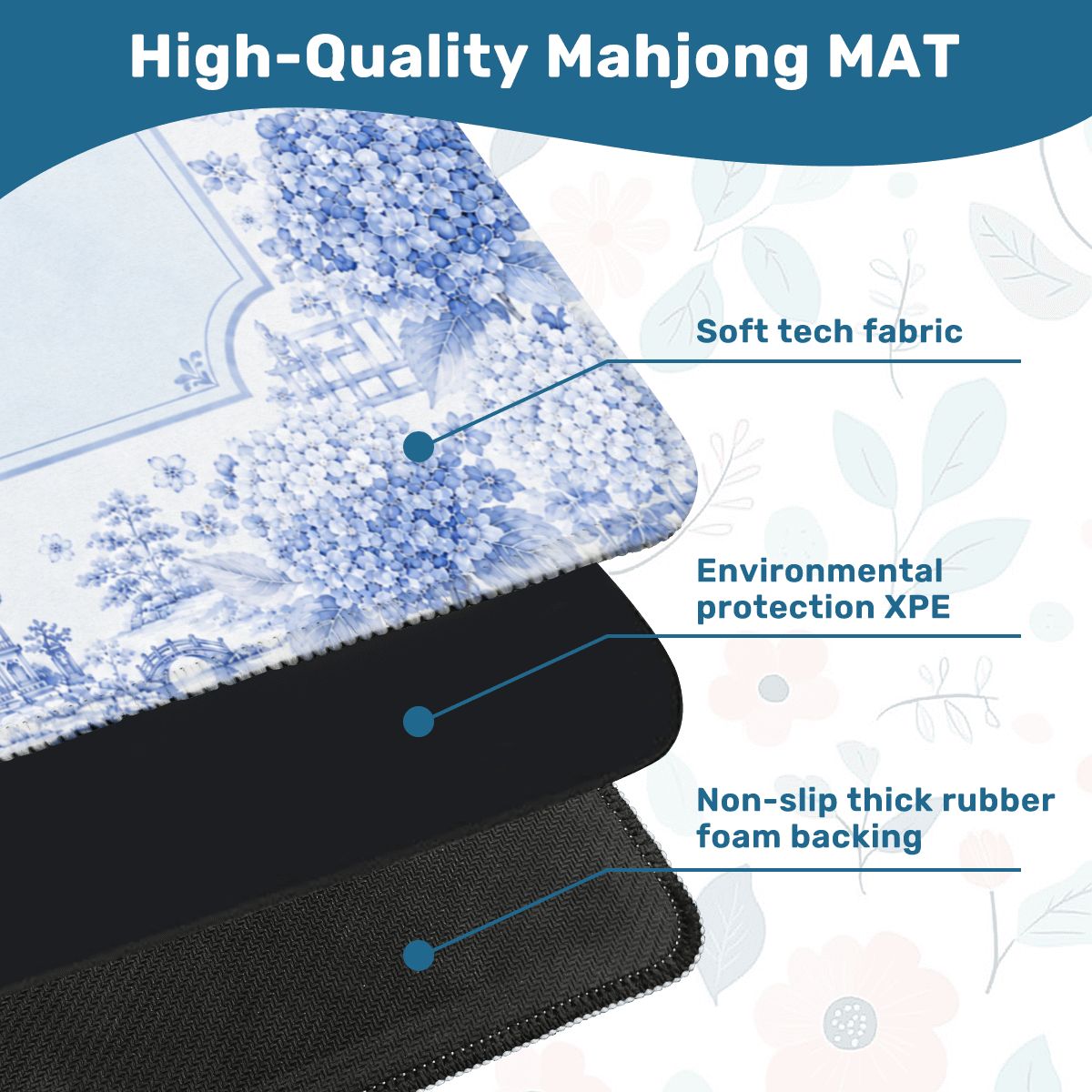 Mahjong Mat 31.5"x31.5" (Ship Rolled up) - Blue Chinoiserie Mahjong Mat with Hydrangea Floral Design YOLO Mahjong