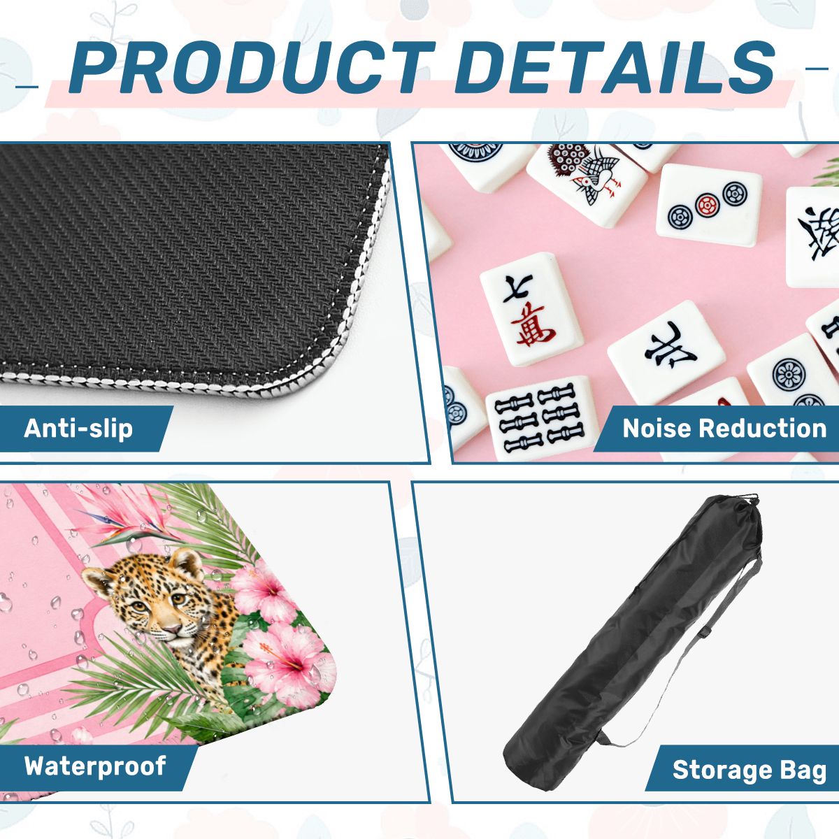 Mahjong Mat 31.5"x31.5" (Ship Rolled up) - Pink Tropical Mahjong Mat with Monkey, Tiger, Flamingo and Leopard Design YOLO Mahjong