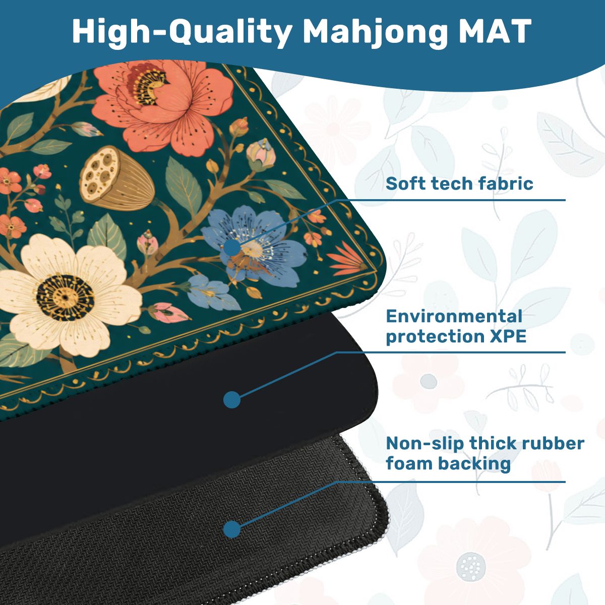 Crane & Moon Mahjong Mat – Floral Chinese Mahjong Table Mat for Mahjong Set, 31.5 x 31.5 Inch YOLO Mahjong