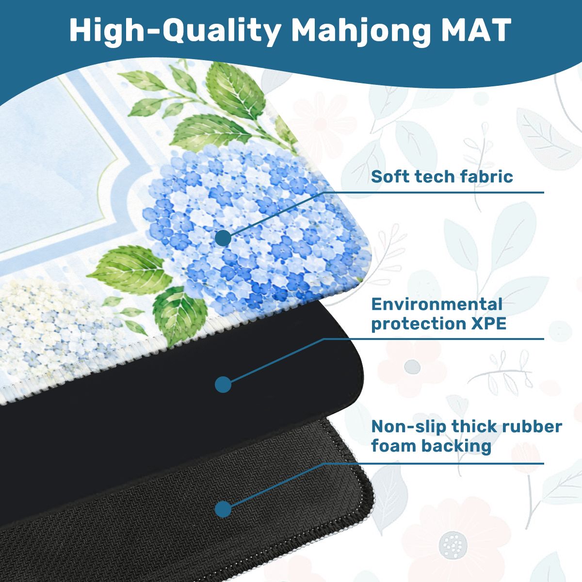 Mahjong Mat 31.5"x31.5" (Ship Rolled up) - Blue Pastel Hydrangea Mahjong Mat with Watercolor Floral Design YOLO Mahjong
