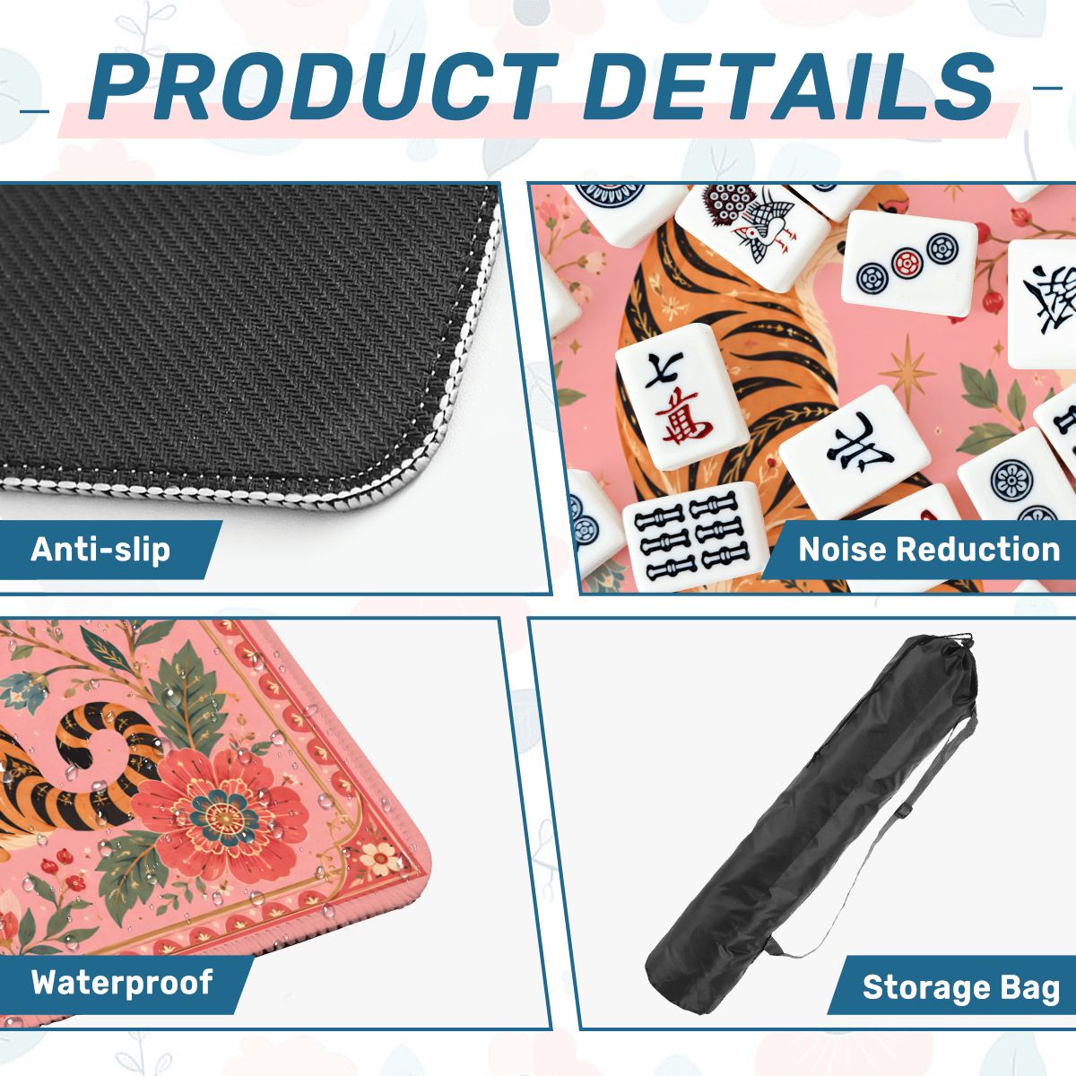Pink Tiger Mahjong Mat – Floral Chinese Mahjong Table Mat for Mahjong Set, 31.5 x 31.5 Inch YOLO Mahjong