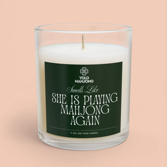 "She Is Playing Mahjong Again" Scented Candle for Mahjong Lovers - 11oz Glass Candle Printify