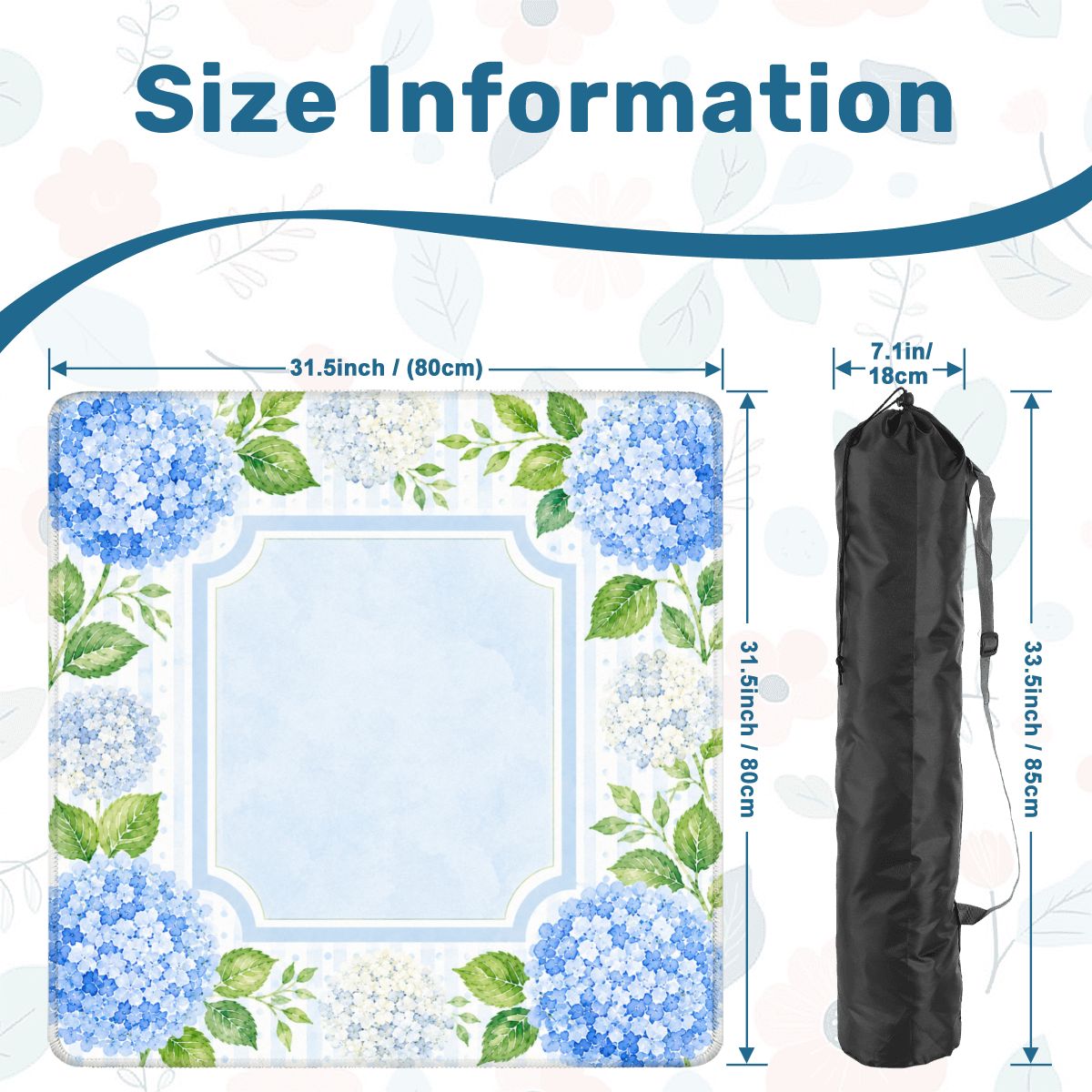 Mahjong Mat 31.5"x31.5" (Ship Rolled up) - Blue Pastel Hydrangea Mahjong Mat with Watercolor Floral Design YOLO Mahjong