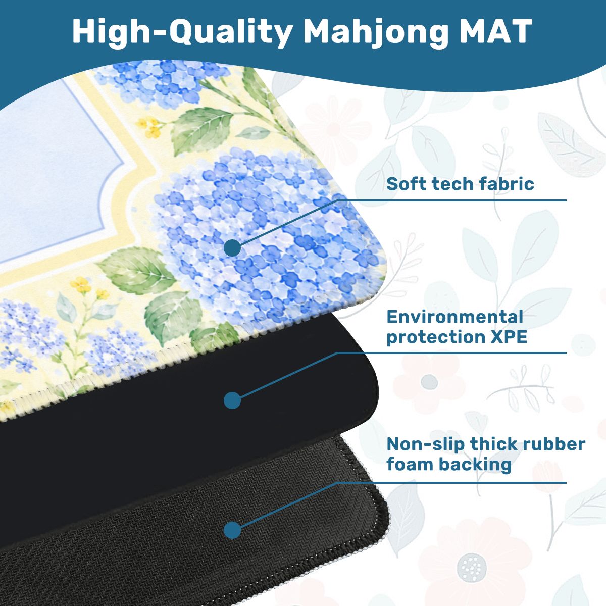 Mahjong Mat 31.5"x31.5" (Ship Rolled up) - Blue Hydrangea Mahjong Mat with Soft Yellow Floral Border YOLO Mahjong