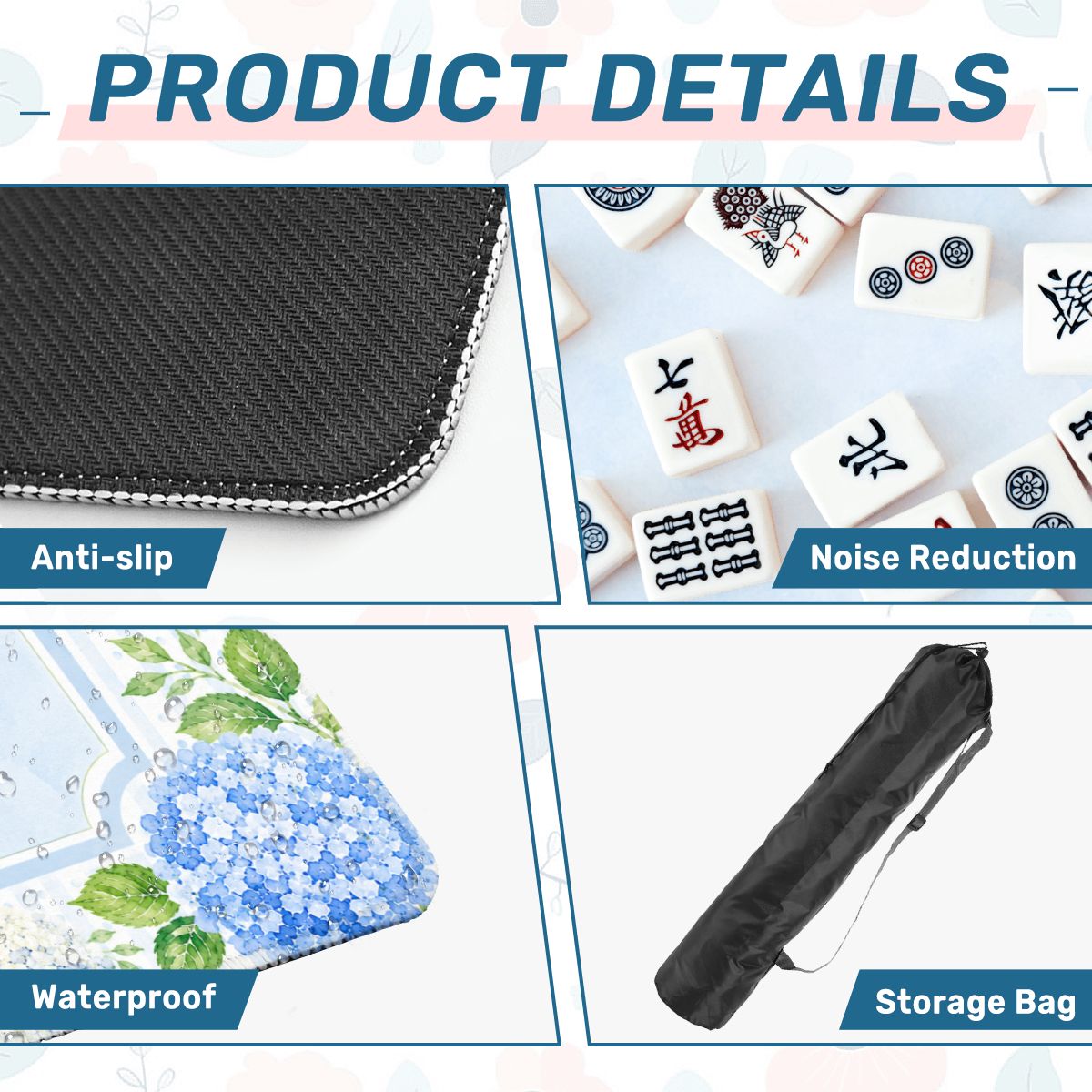 Mahjong Mat 31.5"x31.5" (Ship Rolled up) - Blue Pastel Hydrangea Mahjong Mat with Watercolor Floral Design YOLO Mahjong