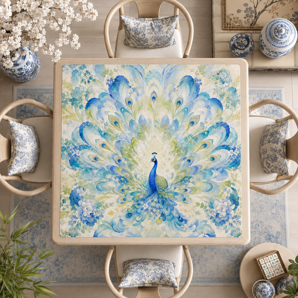 Mahjong Mat 31.5"x31.5" (Ship Folded) - Blue Chinoiserie Peacock Square Mahjong Mat YOLO Mahjong