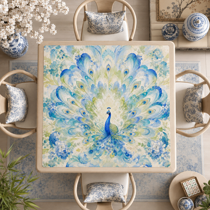 Mahjong Mat 31.5"x31.5" (Ship Folded) - Blue Chinoiserie Peacock Square Mahjong Mat YOLO Mahjong