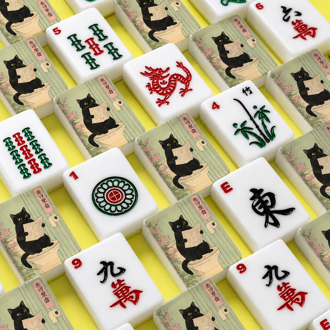 Mahjong Tiles Black Cat in Toilet Funny Vintage Art YOLO Mahjong