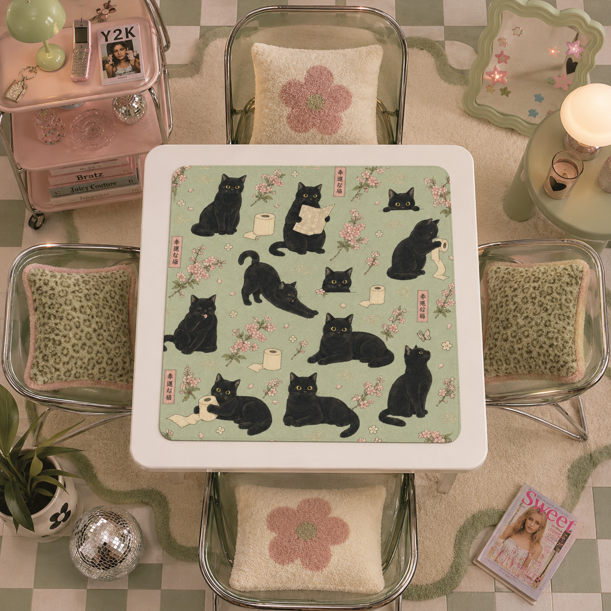 Mahjong Mat - Vintage Black Cat Mahjong Mat Cherry Blossom Mahjong Game Mat YOLO Mahjong