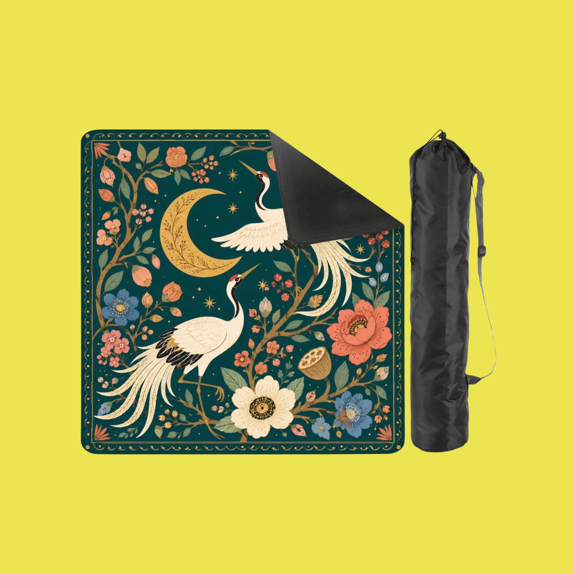 Crane & Moon Mahjong Mat – Floral Chinese Mahjong Table Mat YOLO Mahjong