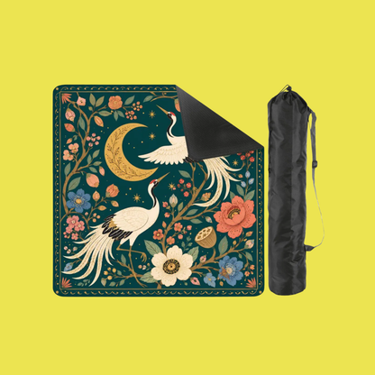 Crane & Moon Mahjong Mat – Floral Chinese Mahjong Table Mat YOLO Mahjong