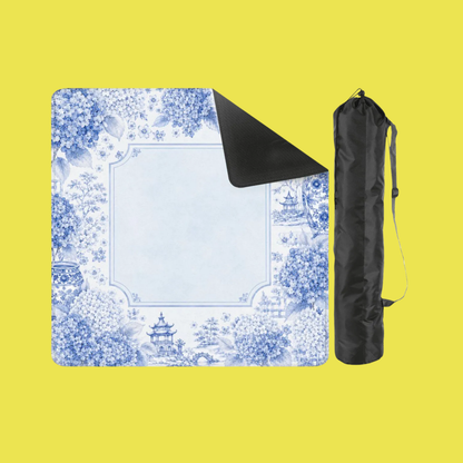 Mahjong Mat 31.5"x31.5" (Ship Rolled up) - Blue Chinoiserie Mahjong Mat with Hydrangea Floral Design YOLO Mahjong