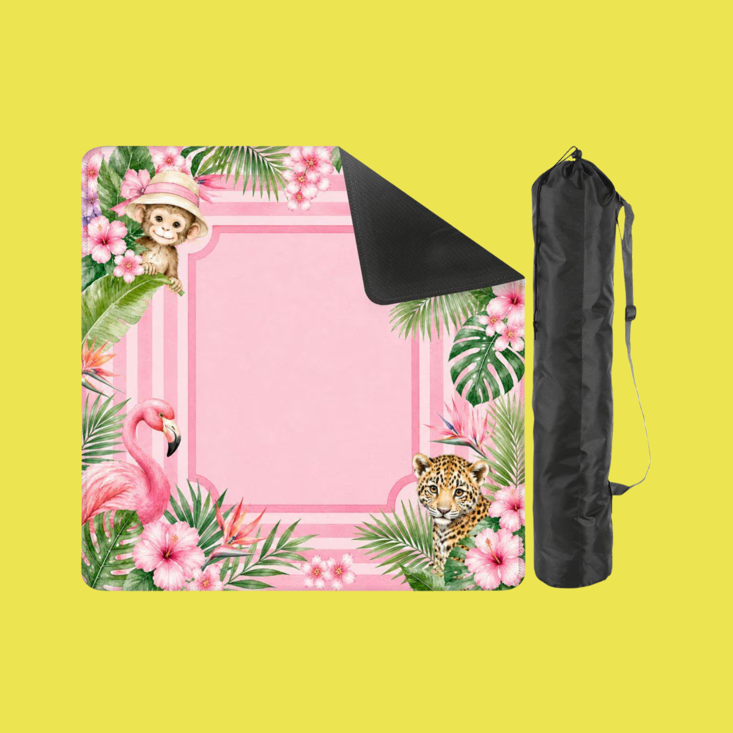 Mahjong Mat 31.5"x31.5" (Ship Rolled up) - Pink Tropical Mahjong Mat with Monkey, Tiger, Flamingo and Leopard Design YOLO Mahjong