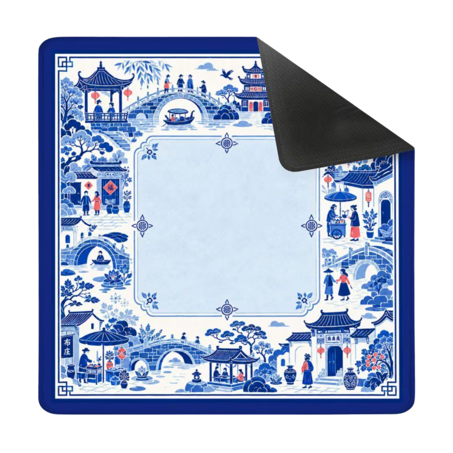 Mahjong Mat 31.5"x31.5" (Ship Rolled up) - Blue Chinoiserie Mahjong Mat with Chinese Village Scene YOLO Mahjong