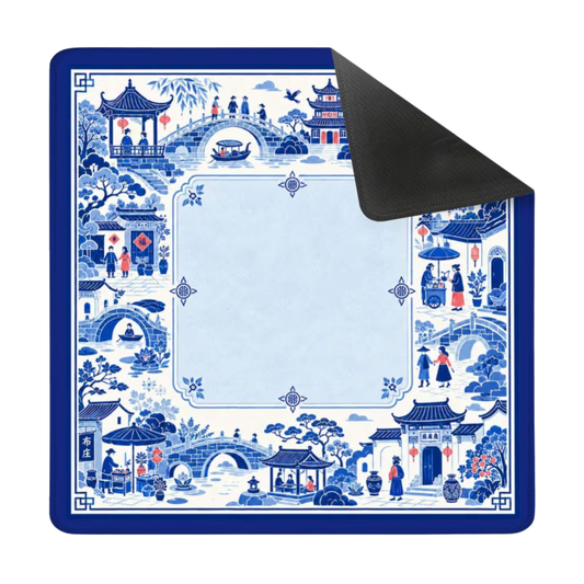 Mahjong Mat 31.5"x31.5" (Ship Rolled up) - Blue Chinoiserie Mahjong Mat with Chinese Village Scene YOLO Mahjong