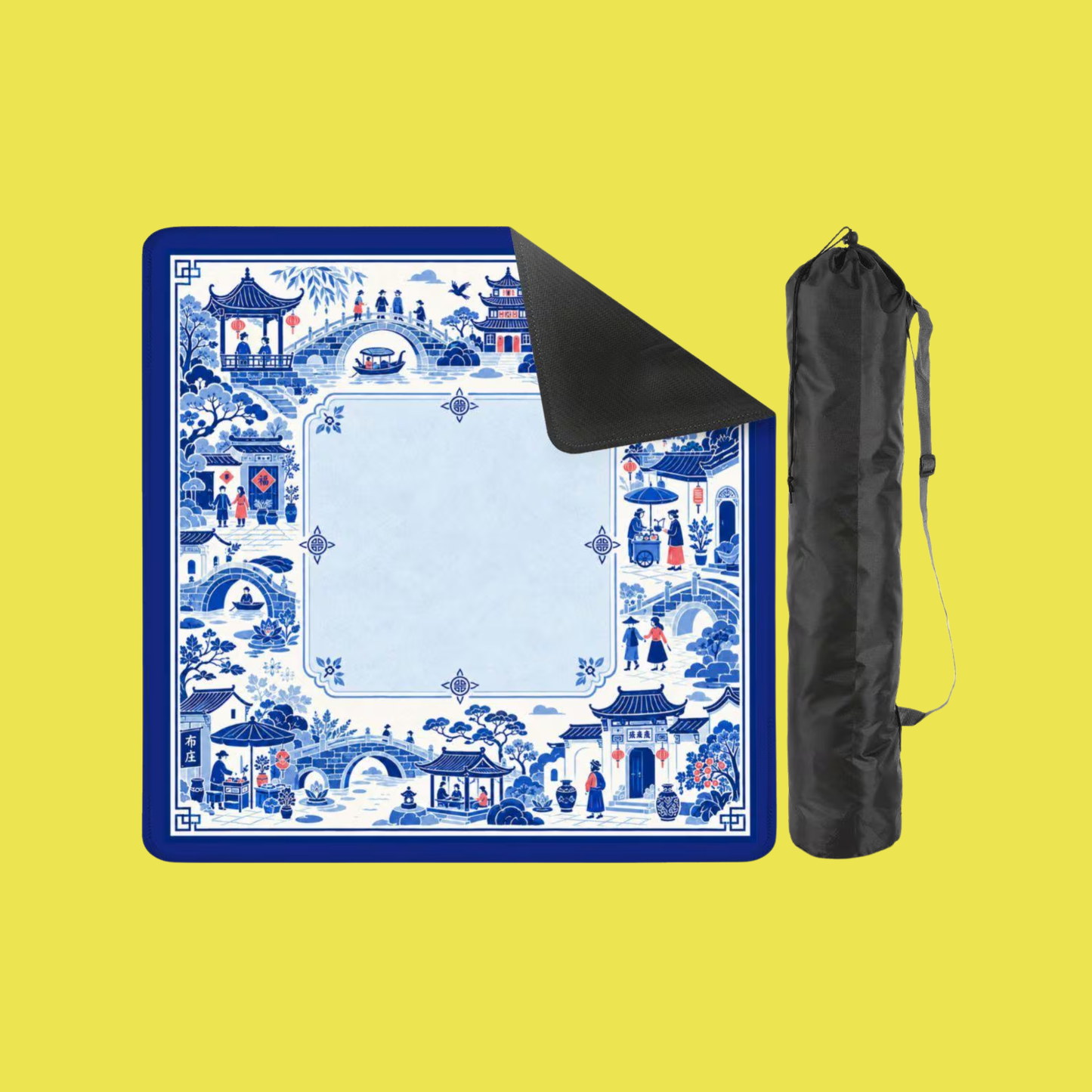 Mahjong Mat 31.5"x31.5" (Ship Rolled up) - Blue Chinoiserie Mahjong Mat with Chinese Village Scene YOLO Mahjong