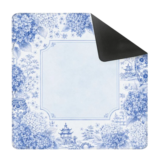 Mahjong Mat 31.5"x31.5" (Ship Rolled up) - Blue Chinoiserie Mahjong Mat with Hydrangea Floral Design YOLO Mahjong