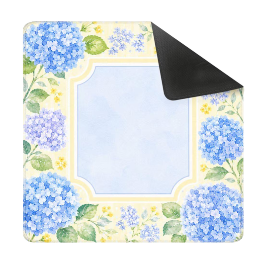 Mahjong Mat 31.5"x31.5" (Ship Rolled up) - Blue Hydrangea Mahjong Mat with Soft Yellow Floral Border YOLO Mahjong