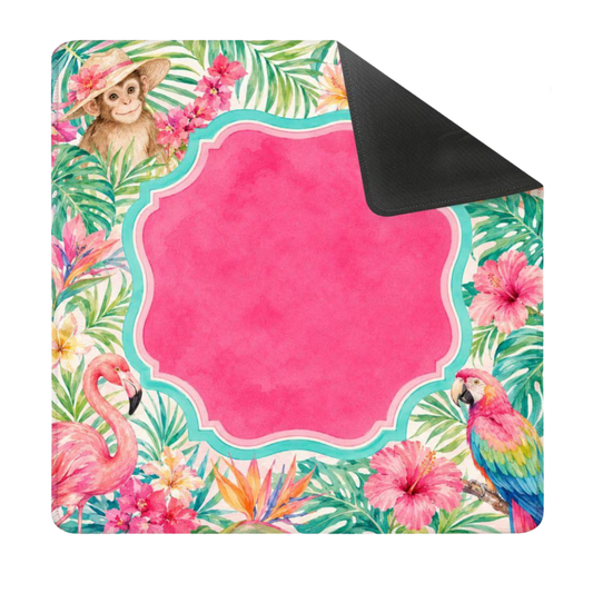 Mahjong Mat 31.5"x31.5" (Ship Rolled up) - Tropical Palm Beach Mahjong Mat with Flamingo, Tiger, Monkey and Parrot Design YOLO Mahjong