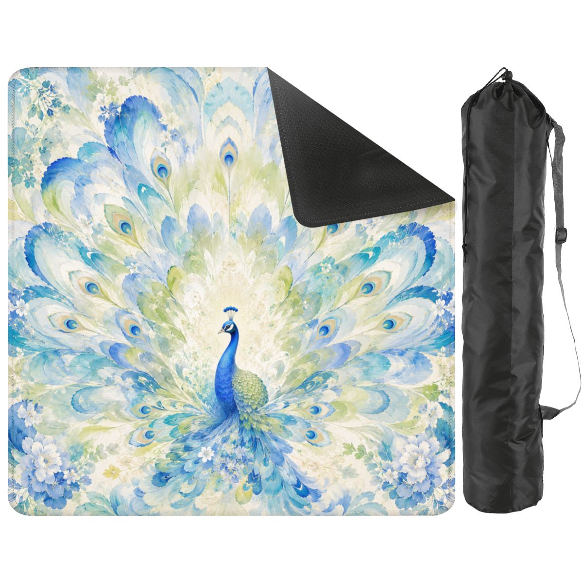 Mahjong Mat 31.5"x31.5" (Ship Folded) - Blue Chinoiserie Peacock Square Mahjong Mat YOLO Mahjong