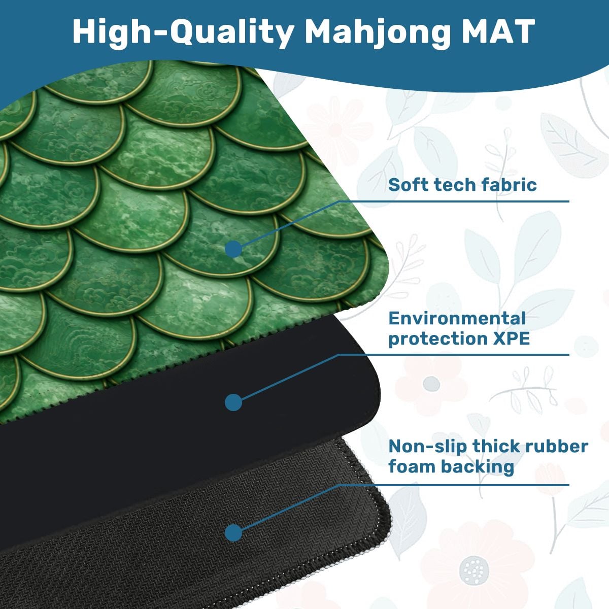 Mahjong Mat - Green Dragon Scales Print, 31.5" Square Non-Slip Table Mat YOLO Mahjong