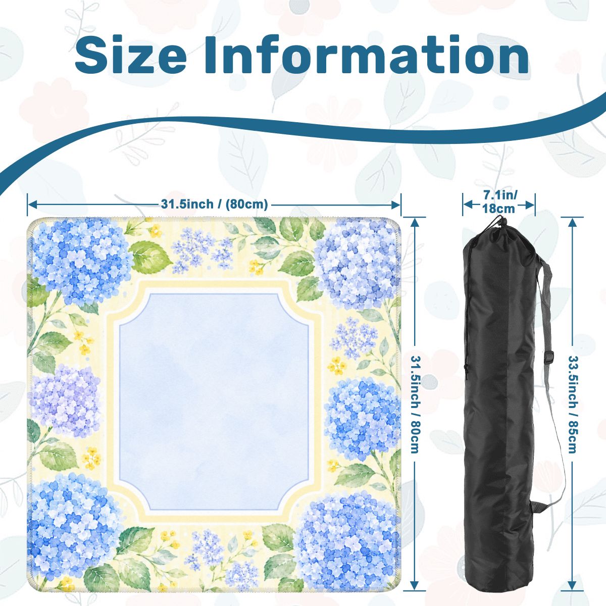 Mahjong Mat 31.5"x31.5" (Ship Rolled up) - Blue Hydrangea Mahjong Mat with Soft Yellow Floral Border YOLO Mahjong