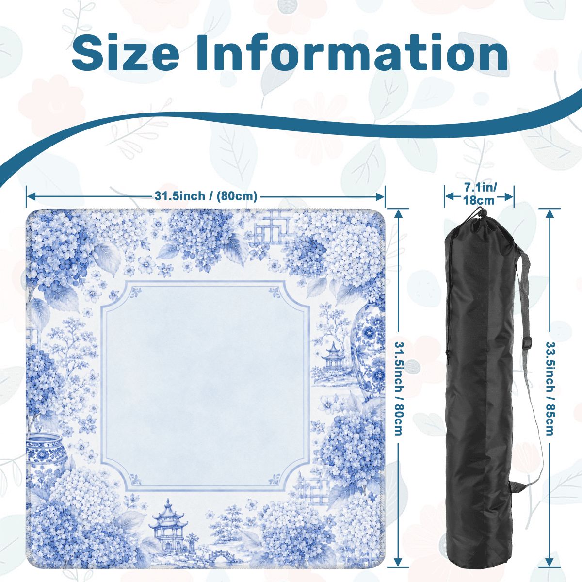 Mahjong Mat 31.5"x31.5" (Ship Rolled up) - Blue Chinoiserie Mahjong Mat with Hydrangea Floral Design YOLO Mahjong