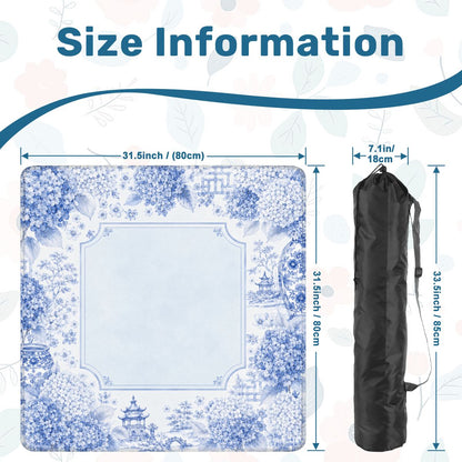 Mahjong Mat 31.5"x31.5" (Ship Rolled up) - Blue Chinoiserie Mahjong Mat with Hydrangea Floral Design YOLO Mahjong