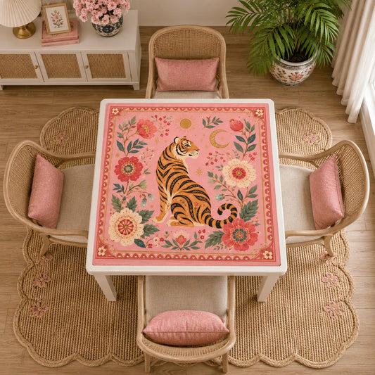 Mahjong Mat - Pink Tiger Floral Mahjong Table Mat for Mahjong Set, 31.5 x 31.5 Inch YOLO Mahjong