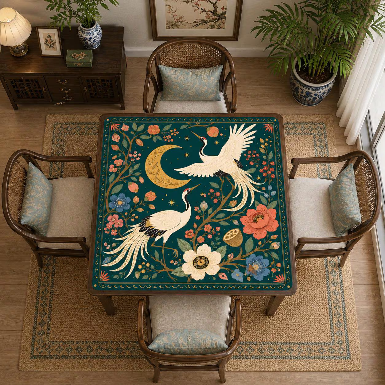 Crane & Moon Mahjong Mat – Floral Chinese Mahjong Table Mat YOLO Mahjong