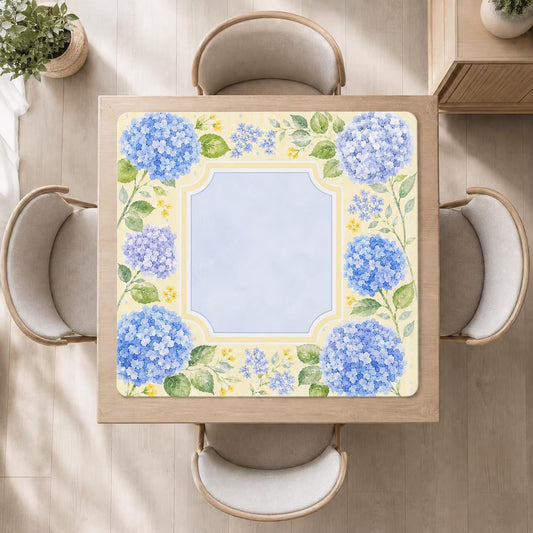 Mahjong Mat 31.5"x31.5" (Ship Rolled up) - Blue Hydrangea Mahjong Mat with Soft Yellow Floral Border YOLO Mahjong