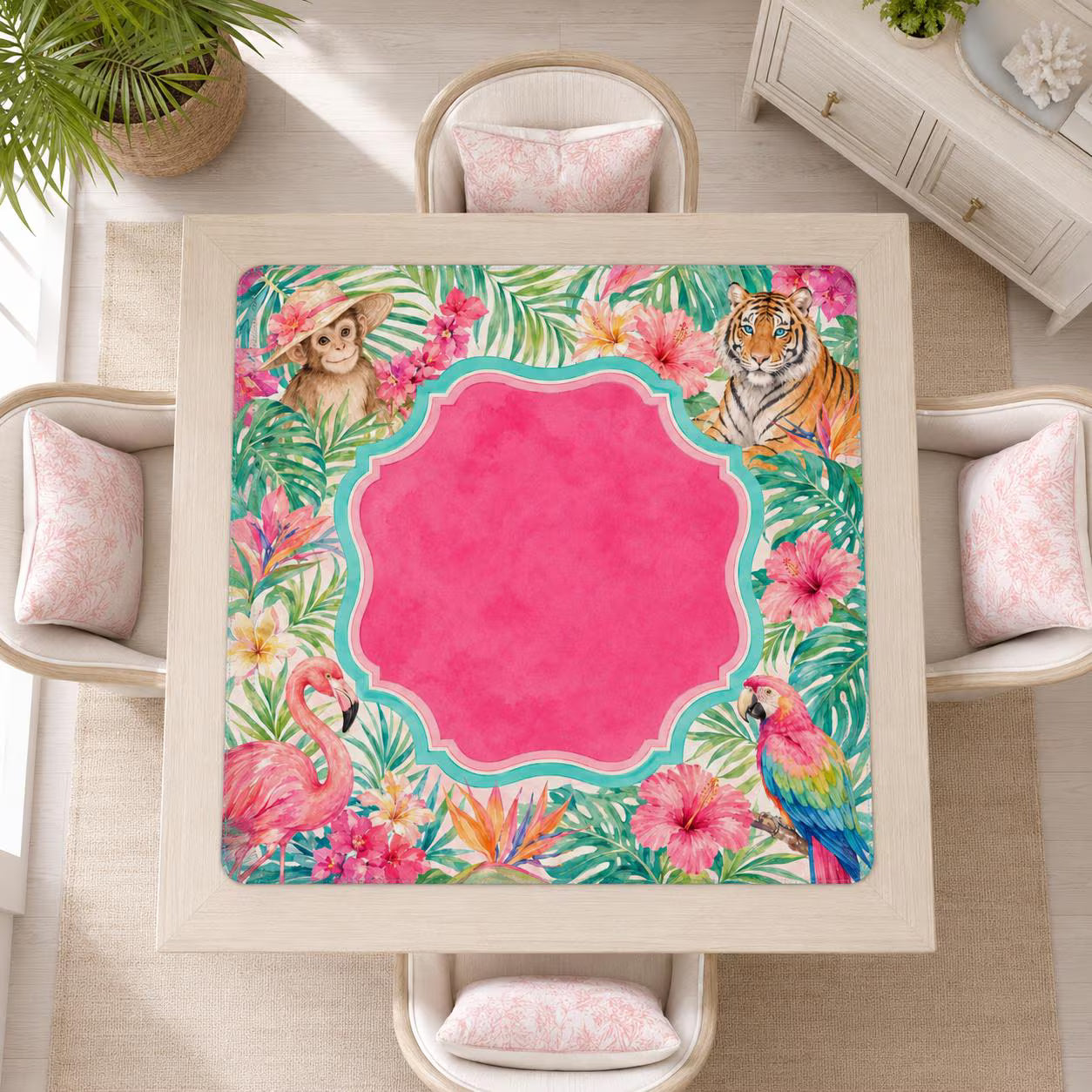 Mahjong Mat 31.5"x31.5" (Ship Rolled up) - Tropical Palm Beach Mahjong Mat with Flamingo, Tiger, Monkey and Parrot Design YOLO Mahjong