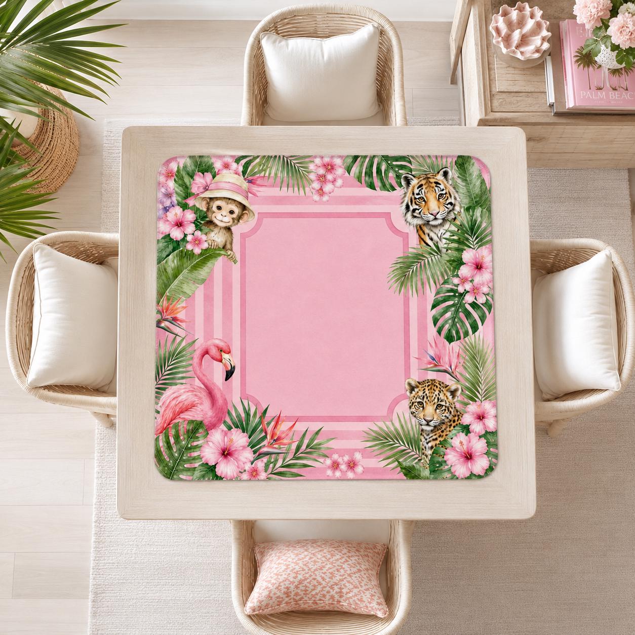 Mahjong Mat 31.5"x31.5" (Ship Rolled up) - Pink Tropical Mahjong Mat with Monkey, Tiger, Flamingo and Leopard Design YOLO Mahjong