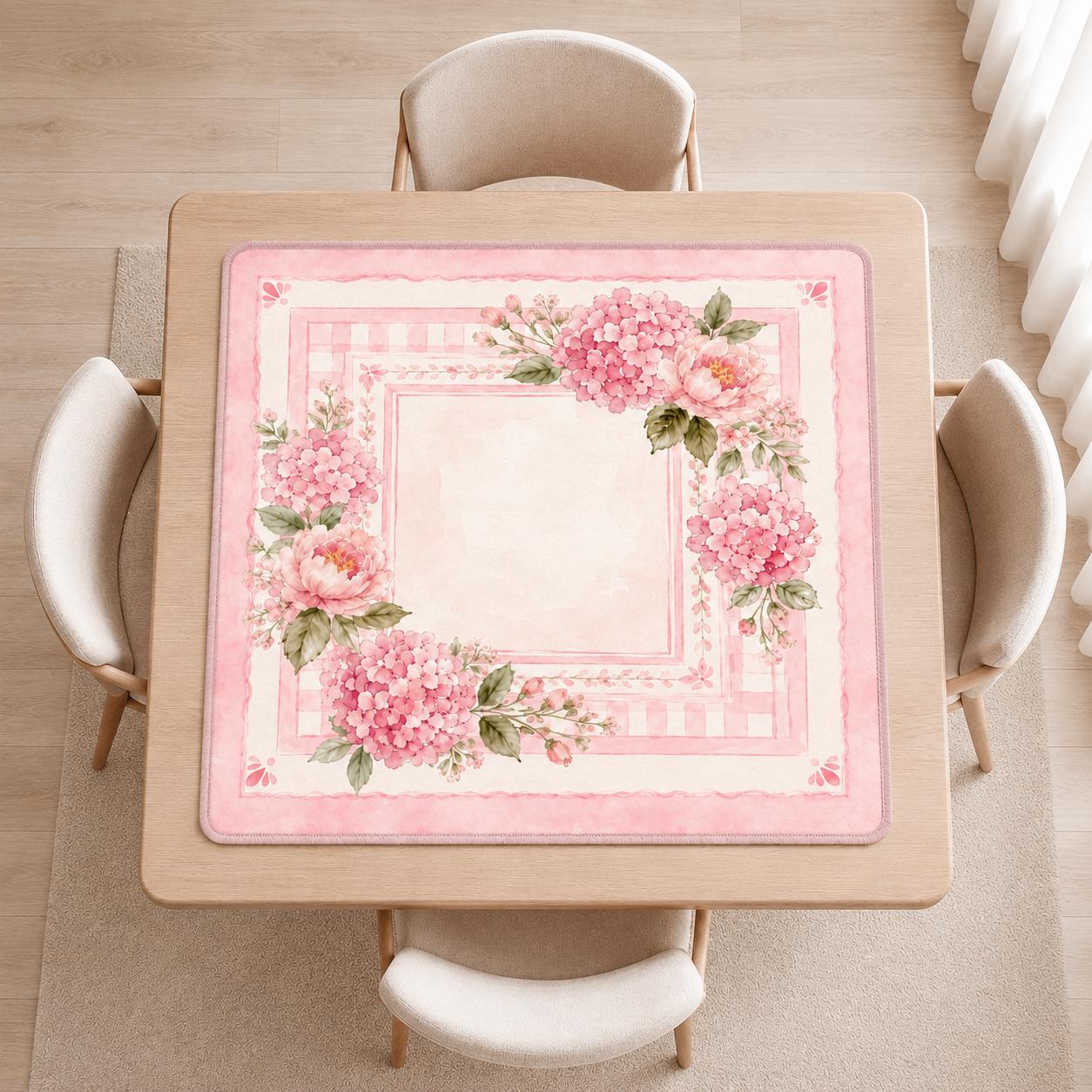 Mahjong Mat - Preppy Pink Floral Mahjong Mat, Watercolor Peony Hydrangea Game Mat YOLO Mahjong