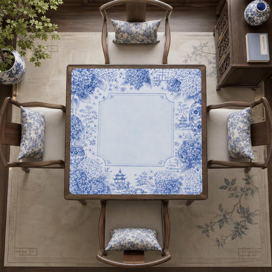 Mahjong Mat 31.5"x31.5" (Ship Rolled up) - Blue Chinoiserie Mahjong Mat with Hydrangea Floral Design YOLO Mahjong