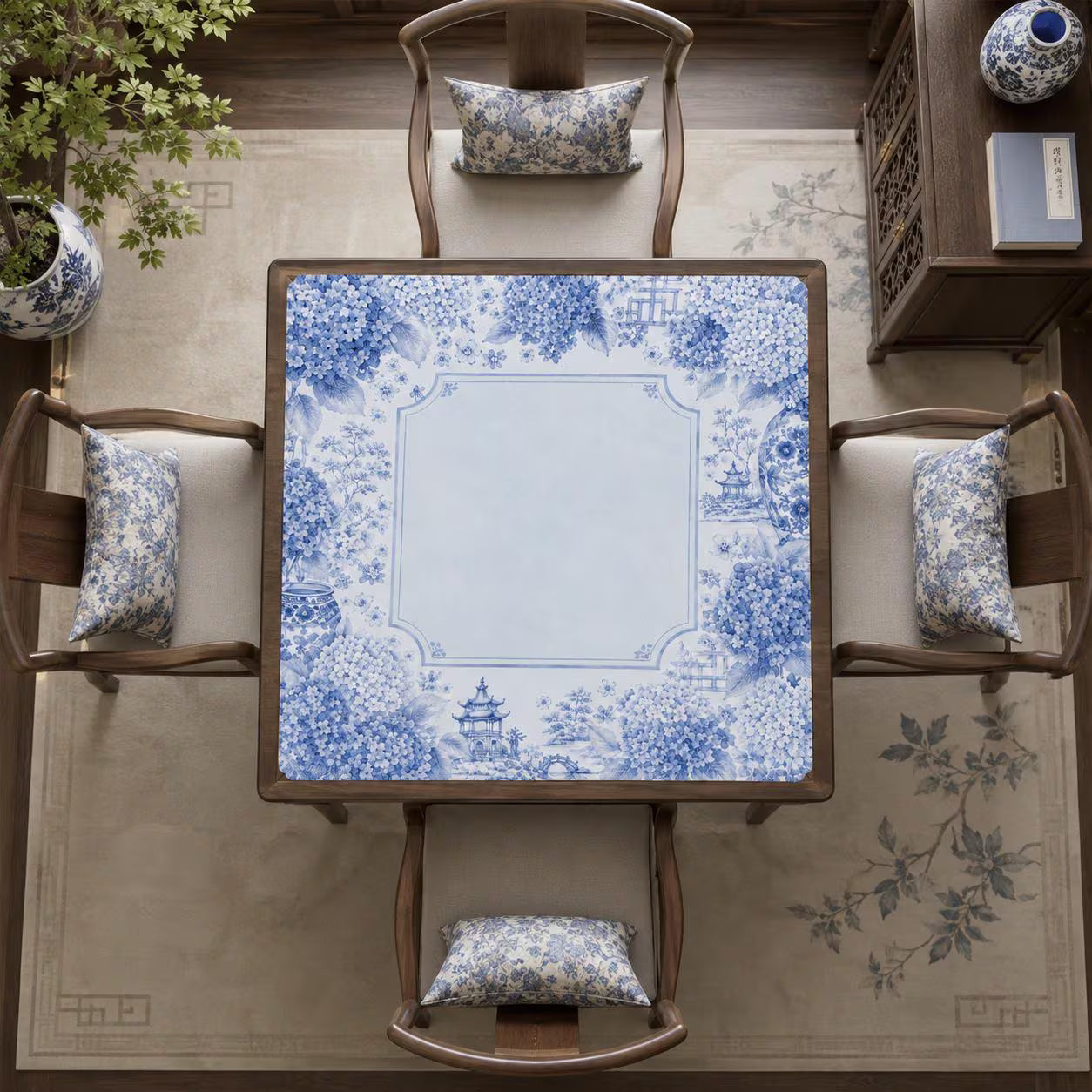 Mahjong Mat 31.5"x31.5" (Ship Rolled up) - Blue Chinoiserie Mahjong Mat with Hydrangea Floral Design YOLO Mahjong