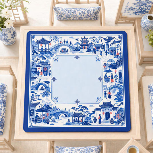 Mahjong Mat 31.5"x31.5" (Ship Rolled up) - Blue Chinoiserie Mahjong Mat with Chinese Village Scene YOLO Mahjong